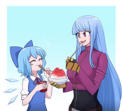 Rule 34 | 2girls, belt, blue dress, blue eyes, blue hair, breasts, cirno, commentary, cup, dress, eating, flat chest, highres, ice, ice wings, jacket, kula diamond, large breasts, long hair, mata (matasoup), multiple girls, power connection, puffy short sleeves, puffy sleeves, purple eyes, red neckwear, short hair, short sleeves, simple background, spoon, the king of fighters, touhou, white background, wings