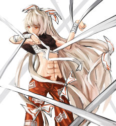 Rule 34 | 1girl, abs, bad id, bad pixiv id, bandages, bound, bow, fiend, fujiwara no mokou, grey hair, hair bow, highres, long hair, pants, orange eyes, pants, red eyes, restrained, sarashi, solo, sweater, tied up, toned, touhou, unzipped, very long hair