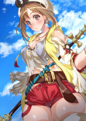 Rule 34 | 1girl, atelier (series), atelier ryza, atelier ryza 1, belt, blue sky, blush, breasts, brown belt, brown eyes, brown hair, cleavage, cloud, day, hair ornament, hairclip, hat, holding, holding staff, jewelry, looking at viewer, medium breasts, navel, necklace, red shorts, reisalin stout, short hair, short shorts, shorts, sky, solo, staff, star (symbol), star necklace, tecmo, thighhighs, thighs, white hat, white thighhighs, wochi