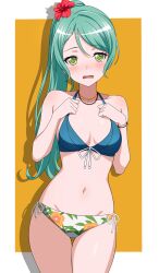 1girl absurdres aqua_hair bang_dream! bikini blue_bikini blush border breasts collarbone commentary english_commentary flower fries_vanquisher green_eyes hair_between_eyes hair_flower hair_ornament halterneck highres hikawa_sayo jewelry long_hair looking_at_viewer medium_breasts navel necklace open_mouth outside_border ponytail red_flower shadow side-tie_bikini_bottom solo stomach swimsuit white_border yellow_background