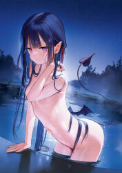 Rule 34 | 1girl, arm support, bare arms, bare shoulders, convenient censoring, demon girl, demon tail, demon wings, highres, long hair, low wings, mignon, navel, night, nude, original, outdoors, partially submerged, pointy ears, simple background, solo, stomach, tail, thighs, water, water drop, wet, wings, yoru-chan (mignon)