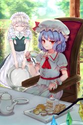 Rule 34 | 3girls, absurdres, apron, ascot, blue dress, blue hair, bow, braid, cake, chair, closed eyes, commentary request, cream puff, crystal, cup, dress, feet out of frame, flandre scarlet, food, frilled apron, frilled shirt collar, frills, fruit, green bow, green ribbon, greypidjun, hair between eyes, hair bow, hand up, hat, hat ribbon, highres, holding, holding cup, holding tray, izayoi sakuya, lens flare, light particles, looking at viewer, maid, maid apron, maid headdress, mob cap, multiple girls, nail polish, neck ribbon, out of frame, pastry, pillar, plate, pointy ears, pout, pudding, red eyes, red nails, red ribbon, red sash, remilia scarlet, ribbon, sash, shirt, short hair, siblings, sidelocks, silver hair, sisters, sitting, smile, standing, strawberry, strawberry shortcake, table, teacup, teapot, touhou, tray, tree, twin braids, waist apron, white apron, white dress, white headwear, white shirt, wings, wrist cuffs