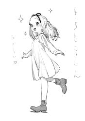 Rule 34 | 1girl, blush, boots, collared dress, commentary request, dress, full body, greyscale, hair ribbon, highres, long hair, long sleeves, monochrome, open mouth, original, ribbon, ryo chimo, sidelocks, smile, solo, sparkle, standing, standing on one leg, star-shaped pupils, star (symbol), symbol-shaped pupils, twintails
