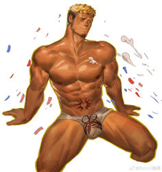 Rule 34 | 1boy, abs, bara, birthday, blonde hair, briefs, bulge, confetti, crotch ribbon, facial hair, feet out of frame, from above, goatee, gyee, hands on ground, head tilt, highres, large pectorals, long sideburns, male focus, male underwear, mature male, muscular, muscular male, muyu (muyu824127), navel, nipples, original, pectorals, precum, precum through clothes, romg, scar, scar across eye, second-party source, see-through, short hair, shy, sideburns, sideburns stubble, sitting, stomach, stomach tattoo, stubble, tattoo, thick eyebrows, thighs, topless male, undercut, underwear, wet, wet clothes, wet male underwear, white male underwear