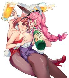 Rule 34 | 2girls, alcohol, animal ears, ass, bare shoulders, beer mug, blush, bottle, bow, grabbing another&#039;s breast, breast press, breasts, copyright request, cup, fake animal ears, fingernails, glasses, grabbing, green eyes, hair between eyes, hair bow, high heels, highres, holding, holding bottle, holding cup, holding plate, large breasts, leotard, long hair, mug, multiple girls, nonco, ok sign, open mouth, pantyhose, plate, playboy bunny, purple bow, purple ribbon, rabbit ears, rabbit tail, red-framed eyewear, red eyes, red footwear, red ribbon, ribbon, shiny skin, short hair, simple background, smile, spilling, sweat, symmetrical docking, tail, teeth, tongue, white background