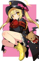 Rule 34 | 1girl, armband, bag, blonde hair, blue archive, boots, bow, collared shirt, commentary request, crime prevention buzzer, demon girl, demon tail, demon wings, hair between eyes, hair bow, hair ribbon, halo, handbag, hat, highres, ibuki (blue archive), long hair, long sleeves, looking at viewer, peaked cap, pleated skirt, ribbon, school uniform, shirt, side ponytail, simple background, sitting, skirt, sleeves past fingers, sleeves past wrists, smile, solo, stuffed animal, stuffed toy, tail, teddy bear, wings, yellow eyes, yellow footwear, zara (artist)