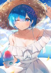 Rule 34 | 1girl, absurdres, ayamy, bare shoulders, blue eyes, blue hair, blush, bow, bowtie, breasts, cleavage, cloud, cloudy sky, collarbone, day, dress, earrings, food, hair ornament, hand up, hat, highres, holding, jewelry, large breasts, looking at viewer, ocean, off-shoulder dress, off shoulder, one eye closed, outdoors, parted lips, petals, petelgeuse romaneeconti, re:zero kara hajimeru isekai seikatsu, rem (re:zero), scan, shaved ice, simple background, sky, solo, straw hat, upper body, water, white dress, x hair ornament