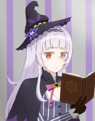 Rule 34 | 1girl, absurdres, alternate eye color, black capelet, black gloves, black hat, book, capelet, collar, collared shirt, gloves, grey hair, grey shirt, hat, hat ornament, hexagon, hexagram, highres, holding, holding book, hololive, long hair, long sleeves, looking at object, magician, monocle, murasaki shion, murasaki shion (1st costume), open book, pentagram, pink ribbon, pinstripe pattern, pinstripe shirt, purple background, purple capelet, reading, red eyes, ribbon, round eyewear, shirt, solo, star (symbol), star hat ornament, striped background, striped clothes, striped shirt, two-tone background, two-tone capelet, upper body, vertical-striped clothes, vertical-striped shirt, virtual youtuber, white collar, white hair, witch, witch hat, yuuna tsukuyo