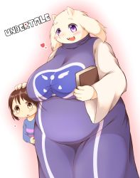 Rule 34 | 1boy, 1girl, breasts, brown hair, copyright name, family, fat, frisk (undertale), furry, highres, large breasts, mother and son, open mouth, purple eyes, radio (radio-tou), short hair, toriel, undertale, yellow eyes