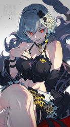 Rule 34 | 1girl, absurdres, alter ego malevolent (granblue fantasy), black camisole, black choker, black nails, black shorts, bracelet, camisole, choker, crop top, detached sleeves, djeeta (granblue fantasy), granblue fantasy, grey hair, hand on own chest, hata4564, highres, jewelry, looking at viewer, nail polish, red eyes, short hair, shorts, sitting, smile, solo, tongue, tongue out