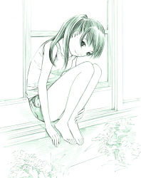 Rule 34 | 1girl, barefoot, green theme, monochrome, original, sketch, solo, tank top, traditional media, twintails, yoshitomi akihito
