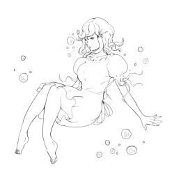 Rule 34 | 1girl, air bubble, artist request, barefoot, breasts, bubble, collarbone, dress, greyscale, hair between eyes, large breasts, monochrome, original, solo, starfish hair ornament, tentacle hair ornament, water