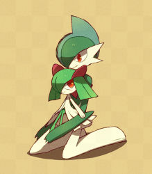 Rule 34 | 1boy, 1girl, blue hair, blush, brown background, checkered background, colored skin, creatures (company), eye contact, full body, gallade, game freak, gen 3 pokemon, gen 4 pokemon, green hair, green skin, hair over one eye, happy, kirlia, kneeling, looking at another, looking back, looking down, looking up, multicolored hair, multicolored skin, nintendo, open mouth, pokemon, pokemon (creature), red eyes, shiwo (siwosi), short hair, simple background, sitting, sitting on lap, sitting on person, smile, two-tone hair, two-tone skin, white skin