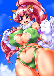 Rule 34 | 1girl, absurdres, animal ears, bare legs, bare shoulders, breasts, cat ears, cat girl, cleavage, cleavage cutout, clothing cutout, curvy, female focus, heart cutout, highleg, highleg leotard, highres, large breasts, leotard, long hair, partially visible vulva, paw print, perisie (star ocean), pink hair, ponytail, red eyes, ryoi, shiny clothes, shiny skin, simple background, sky, smile, solo, standing, star ocean, star ocean first departure, tail, thick thighs, thighs, thong leotard, very long hair