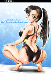 Rule 34 | 1girl, 2020, absurdres, alternate hairstyle, ass, asymmetrical bangs, back, back cutout, barefoot, black hair, black one-piece swimsuit, brown eyes, butt crack, character name, closed mouth, clothing cutout, commentary, competition swimsuit, dated, from behind, full body, girls und panzer, hair tie, hair up, hand on own knee, high ponytail, highres, long hair, looking at viewer, looking back, medium hair, nishi kinuyo, one-hour drawing challenge, one-piece swimsuit, ponytail, pool, smile, solo, squatting, straight hair, swimsuit, tomokoji, translated, twitter username