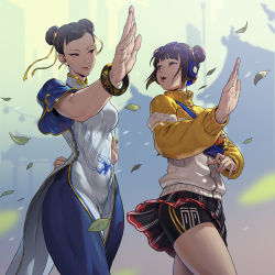 Rule 34 | 2girls, arm behind back, autumn leaves, behind-the-head headphones, bike shorts under skirt, blanka-chan, blue-framed eyewear, blue leggings, bracelet, breasts, brown eyes, brown hair, capcom, charm (object), china dress, chinese clothes, chun-li, double bun, dress, eyewear on head, fanny pack, fighting stance, fingernails, hair bun, hair ribbon, headphones, height difference, highres, jacket, jewelry, kung fu, leggings, li-fen, looking at another, loped, medium breasts, mother and daughter, multiple girls, narrow waist, open mouth, outdoors, panda ornament, pelvic curtain, plaid, plaid skirt, pleated skirt, ribbon, short hair, skirt, street fighter, street fighter 6, thick thighs, thighs, toned, track jacket, white dress, wind, wind lift, wireless, yellow jacket