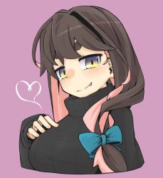 Rule 34 | 1girl, alternate costume, alternate hairstyle, black hair, black sweater, colored inner hair, commentary request, cropped torso, fang, hair over shoulder, heart, highres, kantai collection, long hair, macbail, multicolored hair, naganami (kancolle), naganami kai ni (kancolle), pink hair, purple background, purple eyes, simple background, solo, sweater, thick eyebrows, turtleneck, turtleneck sweater, two-tone hair