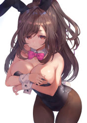 Rule 34 | 1girl, animal ears, bare shoulders, black pantyhose, blush, bow, bowtie, breasts, brown eyes, brown hair, cleavage, closed mouth, collarbone, covered navel, detached collar, fake animal ears, fake tail, highres, idolmaster, idolmaster shiny colors, large breasts, leotard, long hair, looking at viewer, pantyhose, playboy bunny, ponytail, rabbit ears, rabbit tail, rangen, smile, solo, strapless, strapless leotard, tail, tsukioka kogane, wrist cuffs