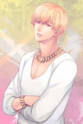 Rule 34 | 1boy, bad id, bad pixiv id, blonde hair, bracelet, casual, crossed arms, fate/zero, fate (series), gilgamesh (fate), jewelry, kamemushi, male focus, necklace, official alternate costume, red eyes, solo, v-neck