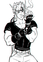 Rule 34 | 1boy, adjusting clothes, adjusting gloves, battle tendency, caesar anthonio zeppeli, cigarette, delichuu, feather hair ornament, feathers, fingerless gloves, gloves, hair ornament, headband, jojo no kimyou na bouken, male focus, monochrome, smoking, solo