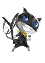 Rule 34 | 10s, bandana, blue eyes, cat, club3, full body, highres, limited palette, monochrome, morgana (persona 5), no humans, persona, persona 5, simple background, slingshot (weapon), solo, spot color