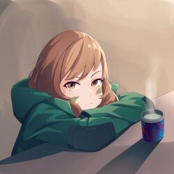 Rule 34 | 1girl, absurdres, alternate costume, arm rest, bored, brown background, brown eyes, brown hair, call of duty, call of duty: mobile, casual, closed mouth, commentary, cup, drink, english commentary, facial mark, frown, green hoodie, green jacket, highres, hood, hood down, hooded jacket, hoodie, jacket, long sleeves, looking to the side, mug, narchiart, puffy cheeks, shadow, solo, steam, urban tracker (call of duty: mobile)