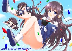 Rule 34 | &gt; &lt;, 1girl, :d, anniversary, ass, azur lane, blue eyes, blue jacket, blue sky, blush, bottle, brown hair, chibi, chips (food), closed eyes, cloud, coke bottle, commentary request, confetti, copyright name, day, drinking, food, food in mouth, handheld game console, headphones, highres, holding, holding bottle, jacket, kamishiro (rsg10679), long hair, long island (azur lane), long sleeves, mouth hold, nintendo switch, open mouth, outdoors, potato chips, shirt, sky, sleeves past fingers, sleeves past wrists, smile, sparkle, twitter username, very long hair, white shirt, xd