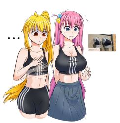 Rule 34 | ..., 2girls, ahoge, black sports bra, blush, bocchi the rock!, body blush, breast envy, breasts, cleavage, couple, cube hair ornament, english text, gotoh hitori, hair ornament, highres, ijichi nijika, japanese text, large breasts, linea alba, long hair, medium support (meme), meme, midriff, multiple girls, photo-referenced, photo (medium), photo inset, picture frame, real, side ahoge, simple background, skirt, small breasts, sports bra, sportswear, standing, tareme, very long hair, wavy mouth, white background, yumiy salin