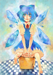 Rule 34 | bad id, bad pixiv id, barefoot, blue eyes, blue hair, bow, cirno, cord izumi, ice, ice wings, sitting, solo, touhou, wings