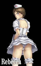 Rule 34 | 1girl, alternate costume, ass, back, black background, blue eyes, brown hair, character name, corset, female focus, frills, from behind, gothic lolita, hat, lolita fashion, looking at viewer, nurse, nurse cap, panties, rebecca chambers, resident evil, resident evil: the mercenaries 3d, resident evil 0, short hair, simple background, solo, thighhighs, thor (deep rising), underwear, white panties