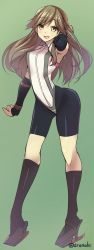 Rule 34 | 10s, 1girl, adapted costume, arashio (kancolle), arm behind head, arm up, arm warmers, black socks, breasts, brown eyes, brown hair, clenched hand, green background, highres, kantai collection, kneehighs, long hair, looking at viewer, open mouth, shorts, simple background, small breasts, socks, solo, takeda aranobu, twitter username