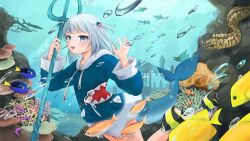 Rule 34 | 1girl, absurdres, air bubble, aka tadaima, atlantis, blue eyes, blue sweater, bubble, clownfish, coral, drawstring, fins, fish, fish request, fish tail, gawr gura, grey hair, hammerhead shark, highres, holding trident, hololive, hololive english, hood, hooded sweater, long sleeves, looking at viewer, moorish idol, moray eel, one side up, open mouth, pocket, regal blue tang, shark, shark tail, sharp teeth, short hair, summer, sweater, tail, teeth, underwater, upper teeth only, virtual youtuber, yellow tang