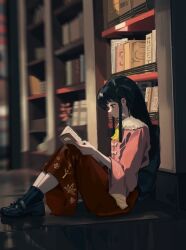 Rule 34 | 1girl, ascot, black eyes, black footwear, black hair, black socks, book, bookshelf, bow, closed mouth, collared shirt, commentary, expressionless, frilled shirt collar, frills, from side, full body, gyokuromls, holding, holding book, houraisan kaguya, indoors, long hair, long sleeves, open book, pink shirt, reading, red skirt, reflection, reflective floor, shirt, shoes, sidelocks, skirt, socks, solo, touhou, white bow, wide sleeves, wooden floor, yellow ascot