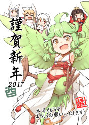 Rule 34 | 2017, 5girls, :d, ahoge, animal ears, armpits, bottle, breasts, chibi, chick on head, chinese zodiac, feathered wings, green hair, hair bobbles, hair ornament, harpy, jingai modoki, looking at viewer, low twintails, monster girl, multiple girls, obi, open mouth, original, pelvic curtain, sash, small breasts, smile, twintails, winged arms, wings, year of the rooster, yellow eyes