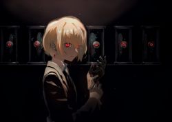 Rule 34 | 1boy, adjusting clothes, black background, black jacket, black necktie, blonde hair, blood, blood on face, blood on hands, closed mouth, collared shirt, earrings, expressionless, eyeball, formal, hunter x hunter, jacket, jewelry, kurapika, long sleeves, looking at viewer, male focus, necktie, red eyes, shirt, sidelocks, single earring, solo, suit, suit jacket, tentsuu (tentwo), upper body, white shirt