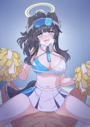 Rule 34 | 1boy, 1girl, absurdres, animal ears, bare shoulders, black hair, blue archive, blue background, blue eyes, blush, breasts, cheerleader, cleavage, clothed female nude male, clothed sex, cowgirl position, dog ears, dog girl, dog tail, eyewear on head, girl on top, goggles, goggles on head, goldred, halo, heavy breathing, hetero, hibiki (blue archive), hibiki (cheer squad) (blue archive), highres, holding, holding pom poms, large breasts, long hair, looking at viewer, midriff, millennium cheerleader outfit (blue archive), miniskirt, navel, nude, official alternate costume, open mouth, pleated skirt, pom pom (cheerleading), pom poms, ponytail, pussy juice, sex, skirt, solo focus, spread legs, straddling, sunglasses, sweat, tail, vaginal, wavy mouth, white skirt