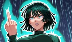 Rule 34 | 1girl, angry, aura, fubuki (one-punch man), green eyes, middle finger, one-punch man, psychic