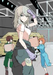 Rule 34 | 10s, 3girls, absurdres, alternate costume, angry, black gloves, black jumpsuit, box, cardboard box, carrying, closed mouth, clothes around waist, dirty, emilio (tetsukazu no ao), flying sweatdrops, from side, frown, girls und panzer, gloves, green jumpsuit, half-closed eyes, highres, holding, holding wrench, indoors, itsumi erika, jumpsuit, leaning forward, long hair, long sleeves, looking at another, looking at viewer, looking back, mechanic, military, military vehicle, motor vehicle, multiple girls, nishizumi maho, nishizumi miho, pants, pants rolled up, pink shirt, purple gloves, red footwear, shirt, shirt around waist, short hair, short sleeves, sleeves rolled up, standing, standing on one leg, sweat, sweatdrop, tank, tripping, v-shaped eyebrows, vehicle request, wiping forehead, wrench