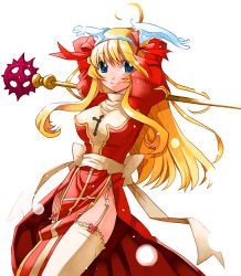 Rule 34 | 1girl, arms up, blonde hair, blush, cowboy shot, dress, garter straps, green eyes, high priest (ragnarok online), long hair, long sleeves, looking at viewer, priestess, ragnarok online, red dress, ribbon, rod, simple background, solo, staff, thighhighs, very long hair, white background, white thighhighs