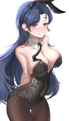 Rule 34 | 1girl, absurdres, animal ears, arms behind back, black leotard, black necktie, black pantyhose, blaster (maplestory), blue eyes, blue hair, blush, breasts, cleavage, closed mouth, collarbone, covered navel, detached collar, embarrassed, fake animal ears, highres, large breasts, leaning forward, leotard, long hair, looking at viewer, maplestory, mole, mole on breast, necktie, pantyhose, playboy bunny, rabbit ears, rong (57383660), solo, strapless, strapless leotard, sweatdrop, white background