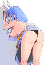Rule 34 | 1girl, animal ears, apron, ass, bent over, black panties, blue apron, blue hair, blush, breasts, covered mouth, dismassd, feet out of frame, grey background, highres, hololive, large breasts, long hair, mature female, multicolored hair, orange eyes, panties, pekomama, rabbit ears, rabbit girl, rabbit tail, short eyebrows, sideboob, solo, standing, streaked hair, tail, thick eyebrows, two-tone background, two-tone hair, underwear, virtual youtuber, white background, white hair
