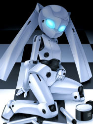 Rule 34 | 1girl, android, blue eyes, blue theme, canister, checkered floor, disney, drossel von flugel, female focus, fireball (series), floor, joints, monochrome, noise (lesion949), perspective, robot, robot ears, robot joints, solid eyes, solo, twintails