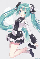Rule 34 | 1girl, absurdres, aqua eyes, aqua hair, black footwear, black shirt, black skirt, blush, bun cover, chestnut mouth, commentary request, conflict (module), double bun, full body, hair bun, hatsune miku, highres, jumping, legs up, loafers, long hair, looking at viewer, noneon319, pleated skirt, project diva (series), shirt, shoes, skirt, socks, solo, twintails, twitter username, two-tone shirt, two-tone skirt, ura-omote lovers (vocaloid), very long hair, vocaloid, white shirt, white skirt, white socks