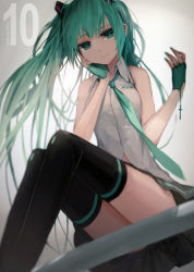 Rule 34 | 1girl, aqua hair, bad id, bad pixiv id, character name, fingerless gloves, from below, gloves, green eyes, green gloves, green hair, hatsune miku, highres, long hair, nail polish, necktie, sitting, skirt, solo, thighhighs, twintails, very long hair, vocaloid, zen33n