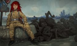 Rule 34 | 1girl, belt, black footwear, corpse, freckles, gloves, grey belt, grin, hair flaps, highres, jacket, long hair, looking at viewer, mossacannibalis, original, pants, pile of corpses, post-apocalypse, red hair, road sign, sign, sitting, smile, solo, yellow eyes, yellow gloves, yellow jacket, yellow pants