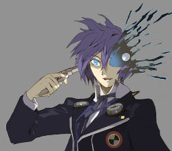 Rule 34 | 1boy, :d, artist request, atlus, bad id, bad pixiv id, blue eyes, blue hair, evoker, furumi showichi, gun, gun to head, headphones, holding, holding gun, holding weapon, lowres, male focus, matching hair/eyes, md5 mismatch, open mouth, persona, persona 3, school uniform, smile, solo, source request, weapon, yuuki makoto (persona 3)