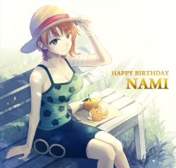 Rule 34 | 1girl, absurdres, bandages, bare shoulders, bench, breasts, brown eyes, character name, cleavage, closed mouth, food, fruit, grass, happy birthday, hat, highres, large breasts, looking at viewer, mandarin orange, meijin kusano, nami (one piece), one piece, orange hair, short hair, sitting, sleeveless, solo, straw hat, tank top