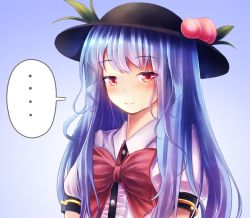 Rule 34 | 1girl, arms at sides, bad id, bad pixiv id, blue hair, blush, food, fruit, hair between eyes, hinanawi tenshi, large hat, light smile, long hair, looking at viewer, maru daizu (aqua6233), peach, puffy short sleeves, puffy sleeves, red eyes, shirt, short sleeves, simple background, smile, solo, touhou, upper body, white shirt