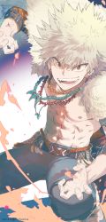 Rule 34 | 1boy, abs, alternate costume, bakugou katsuki, belt, blonde hair, boku no hero academia, commentary request, earrings, fingernails, highres, jewelry, looking at viewer, male focus, melso, necklace, open mouth, pants, red eyes, shoes, smile, solo, spiked hair, teeth, tongue, tooth earrings, topless male, watermark