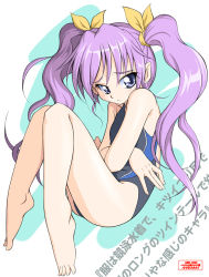 Rule 34 | amraam120c, barefoot, blue eyes, blush, competition swimsuit, covering privates, embarrassed, feet, fictional persona, long hair, one-piece swimsuit, purple hair, self-portrait, swimsuit, translation request, twintails
